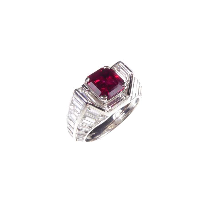 Burma ruby and baguette diamond cluster ring of architectural design